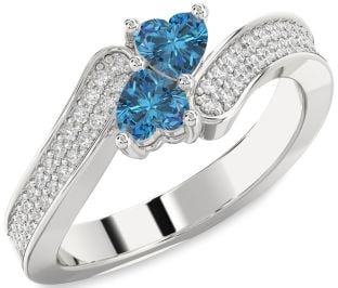Blue Diamond Silver Two Heart Ring