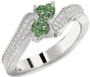 Green Diamond Silver Two Heart Ring