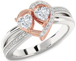 Diamond Silver & 10K Rose Gold Two Heart Ring