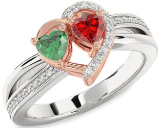 Diamond Emerald Silver & 10K Rose Gold Two Heart Birthstone Ring