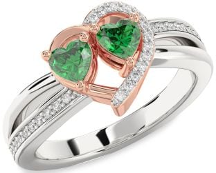 Diamond Emerald White Rose Gold Two Heart Birthstone Ring