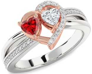 Diamond Emerald Platinum & Rose Gold Two Heart Birthstone Ring