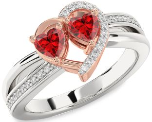 Diamond Emerald Platinum & Rose Gold Two Heart Birthstone Ring