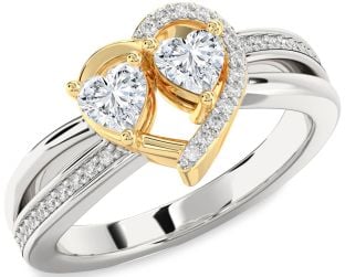 Diamond Silver & 10K gold Two Heart Ring