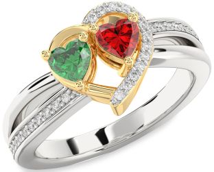 Diamond Emerald Silver & 10K gold Two Heart Birthstone Ring