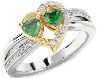 Diamond Emerald Silver & 10K gold Two Heart Birthstone Ring