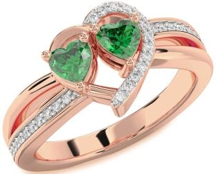 Diamond Emerald Rose Gold Two Heart Birthstone Ring