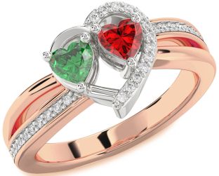 Diamond Emerald Platinum & Rose Gold Two Heart Birthstone Ring