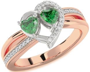 Diamond Emerald White Rose Gold Two Heart Birthstone Ring