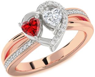 Diamond Emerald Platinum & Rose Gold Two Heart Birthstone Ring