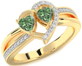 Green Diamond Gold Silver Two Heart Ring