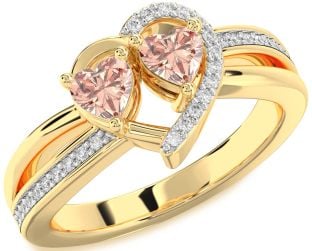 Diamond Morganite Gold Silver Two Heart Ring