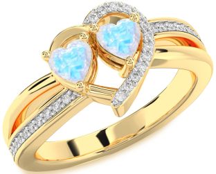 Diamond Moonstone Gold Silver Two Heart Ring