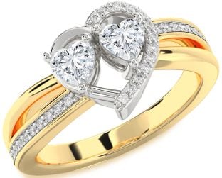 Diamond White Yellow Gold Two Heart Ring