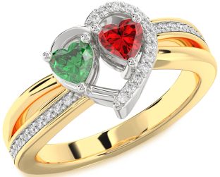 Diamond Emerald Platinum & Yellow Gold Two Heart Birthstone Ring