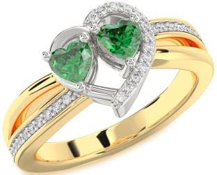 Diamond Emerald Platinum & Yellow Gold Two Heart Birthstone Ring