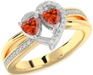Diamond Fire Opal Gold Silver Two Heart Ring