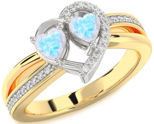 Diamond Moonstone Gold Silver Two Heart Ring