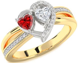 Diamond Emerald Platinum & Yellow Gold Two Heart Birthstone Ring