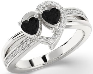 Black Diamond Silver Two Heart Ring