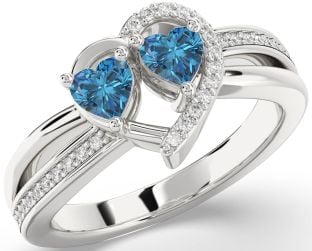 Blue Diamond Silver Two Heart Ring