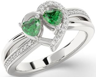 Diamond Emerald Silver Two Heart Birthstone Ring