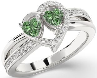Green Diamond Silver Two Heart Ring