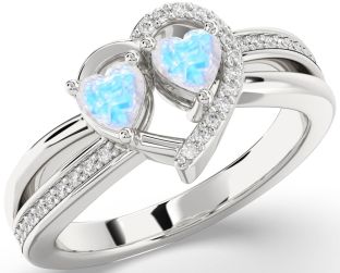 Diamond Emerald Silver Two Heart Birthstone Ring