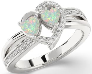 Diamond Emerald Silver Two Heart Birthstone Ring