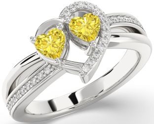 Yellow Diamond Silver Two Heart Ring