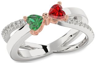 Diamond Emerald Silver & 10K Rose Gold Two Heart Birthstone Ring
