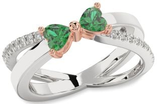 Diamond Emerald Platinum & Rose Gold Two Heart Birthstone Ring