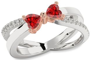 Diamond Emerald Platinum & Rose Gold Two Heart Birthstone Ring