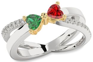 Diamond Emerald Silver & 10K gold Two Heart Birthstone Ring