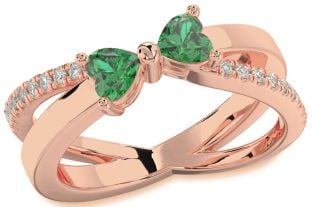 Diamond Emerald Rose Gold Two Heart Birthstone Ring