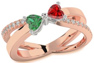 Diamond Emerald Platinum & Rose Gold Two Heart Birthstone Ring