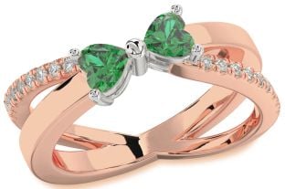 Diamond Emerald Platinum & Rose Gold Two Heart Birthstone Ring