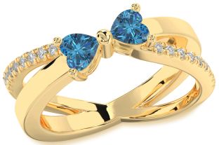 Blue Diamond Gold Silver Two Heart Ring