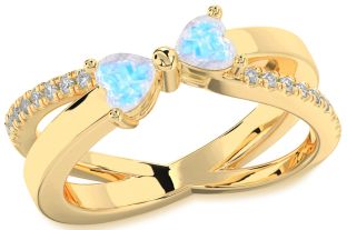 Diamond Moonstone Gold Silver Two Heart Ring