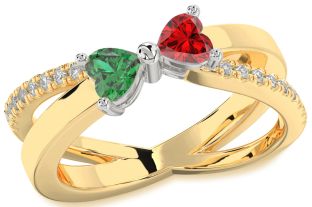 Diamond Emerald Platinum & Yellow Gold Two Heart Birthstone Ring