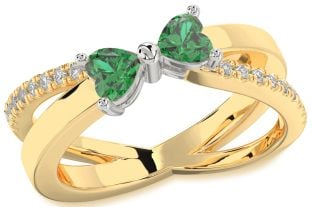 Diamond Emerald Platinum & Yellow Gold Two Heart Birthstone Ring