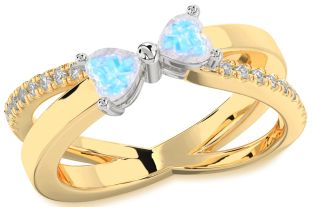 Diamond Moonstone Gold Silver Two Heart Ring
