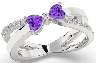 Diamond Emerald Silver Two Heart Birthstone Ring