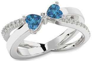 Blue Diamond Silver Two Heart Ring
