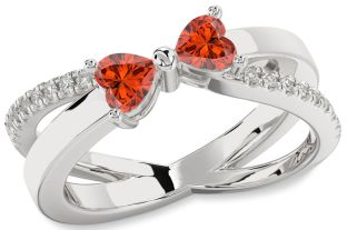 Diamond Emerald Silver Two Heart Birthstone Ring