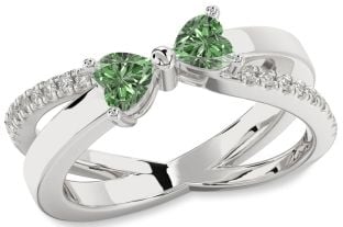 Green Diamond Silver Two Heart Ring