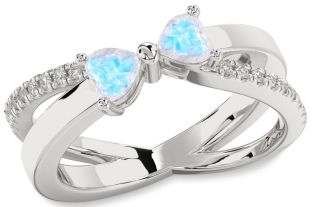 Diamond Emerald Silver Two Heart Birthstone Ring