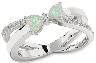 Diamond Emerald Silver Two Heart Birthstone Ring