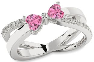 Diamond Pink Sapphire Silver Two Heart Ring