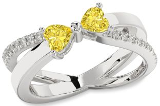 Yellow Diamond Silver Two Heart Ring